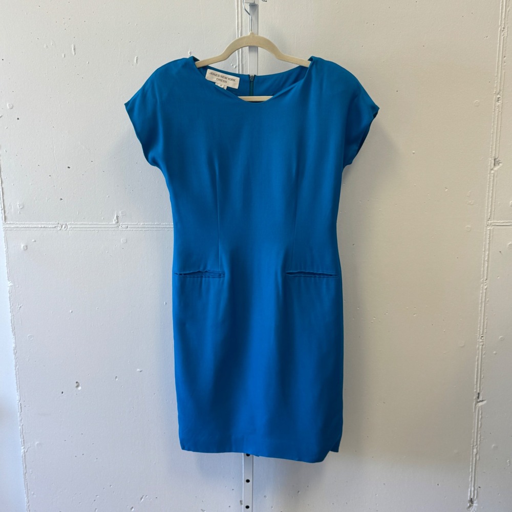 Vintage Jones New‎ York  Knee Length Dress Blue Cap Sleeve Sheath Career Size 8